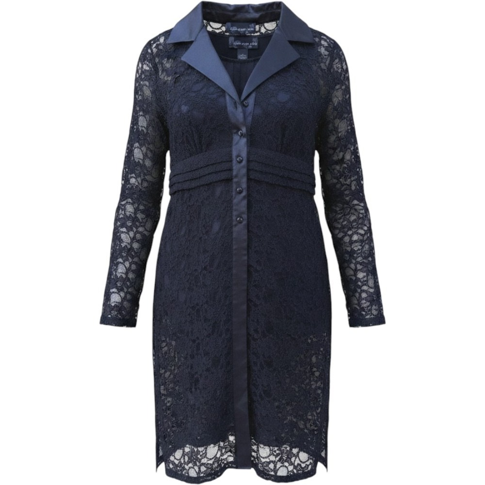 Susan Graver Lace Cardigan Tank Set Medium Navy‎ Blue Satin Trim 2pc NWT